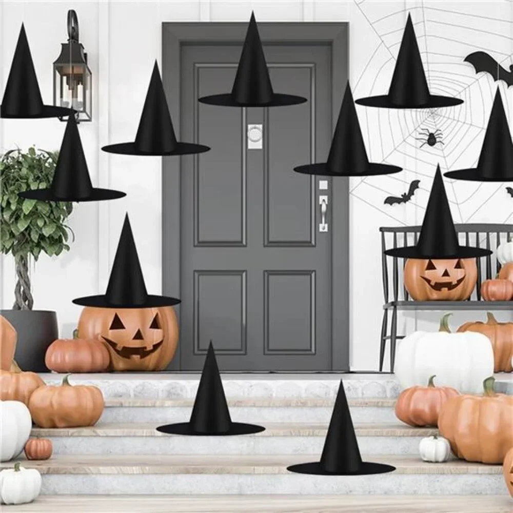 12pcs Halloween Black Witch Hats Costume Accessory Decoration Hanging Wizard Hat